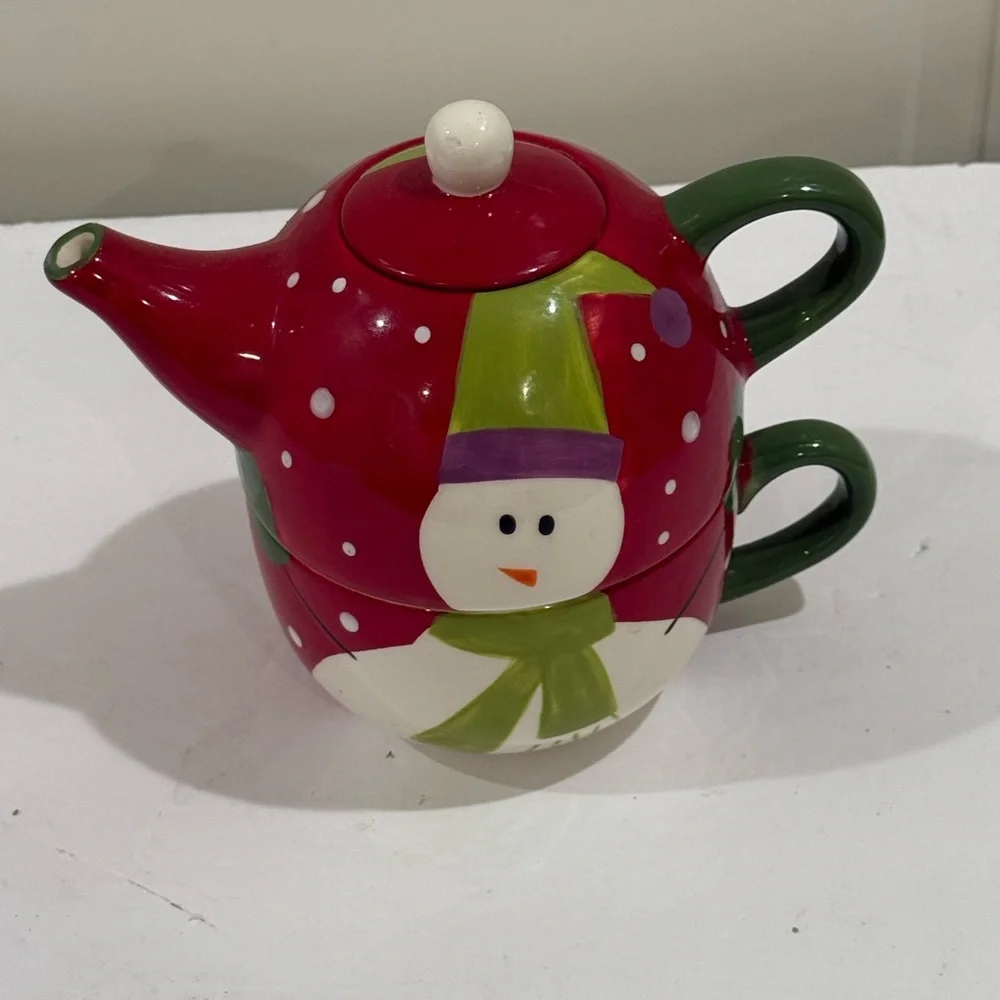 Pier 1 Snowman Teapot Set - Christmas Snowman Two Tier Teapot ~ Excellent